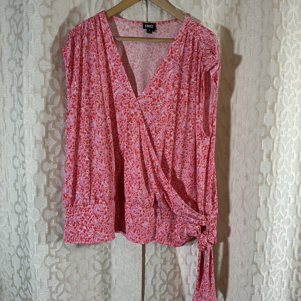 I.N.C. Gia Geo-Pink V-Neck Wrap Sleeveless Top with Banded Bottom    Plus 2X